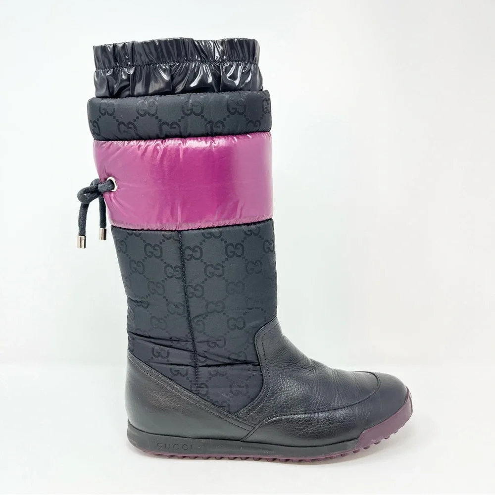 Gucci GG Logo Monogram Snow Winter Boots Tall Slip On Black Leather 35.5 5.5